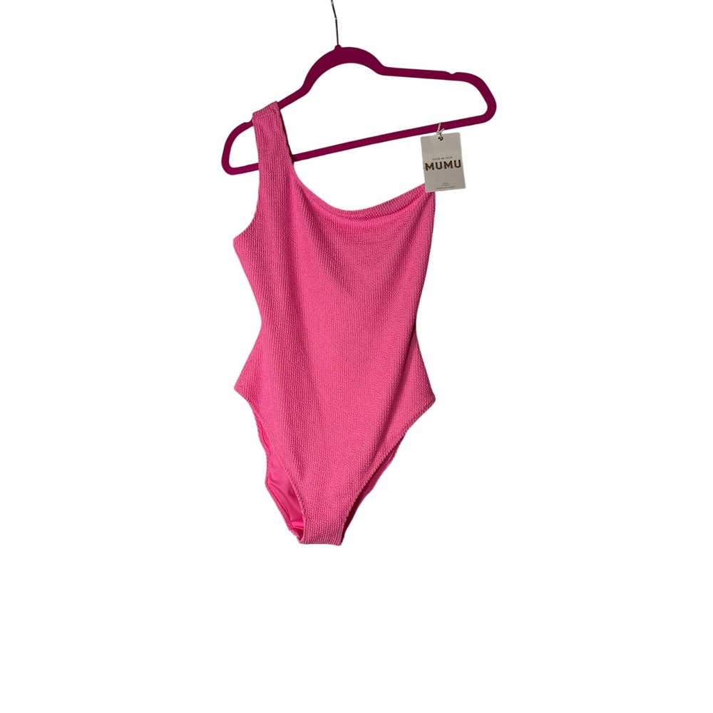 Show Me Your Mumu Pink Crinkle One Shoulder Swimsuit One Piece Large NEW